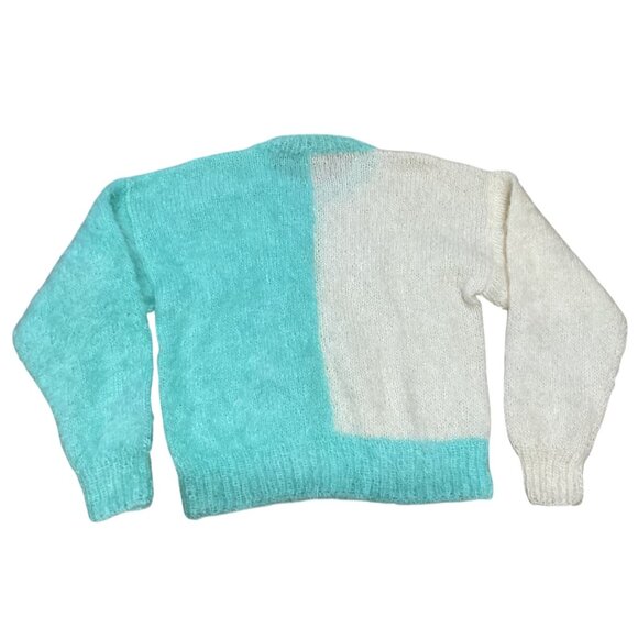 Handmade Mohair Blend Sweater Size M Sequin Flower Embellishment Green Cream - Picture 3 of 3